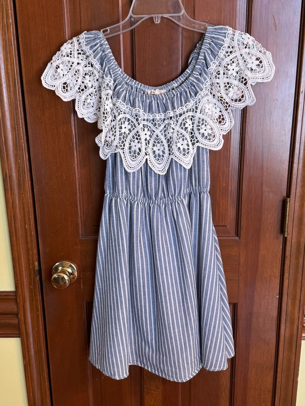 Love Culture Blue Stripe Dress with White Lace Yoke